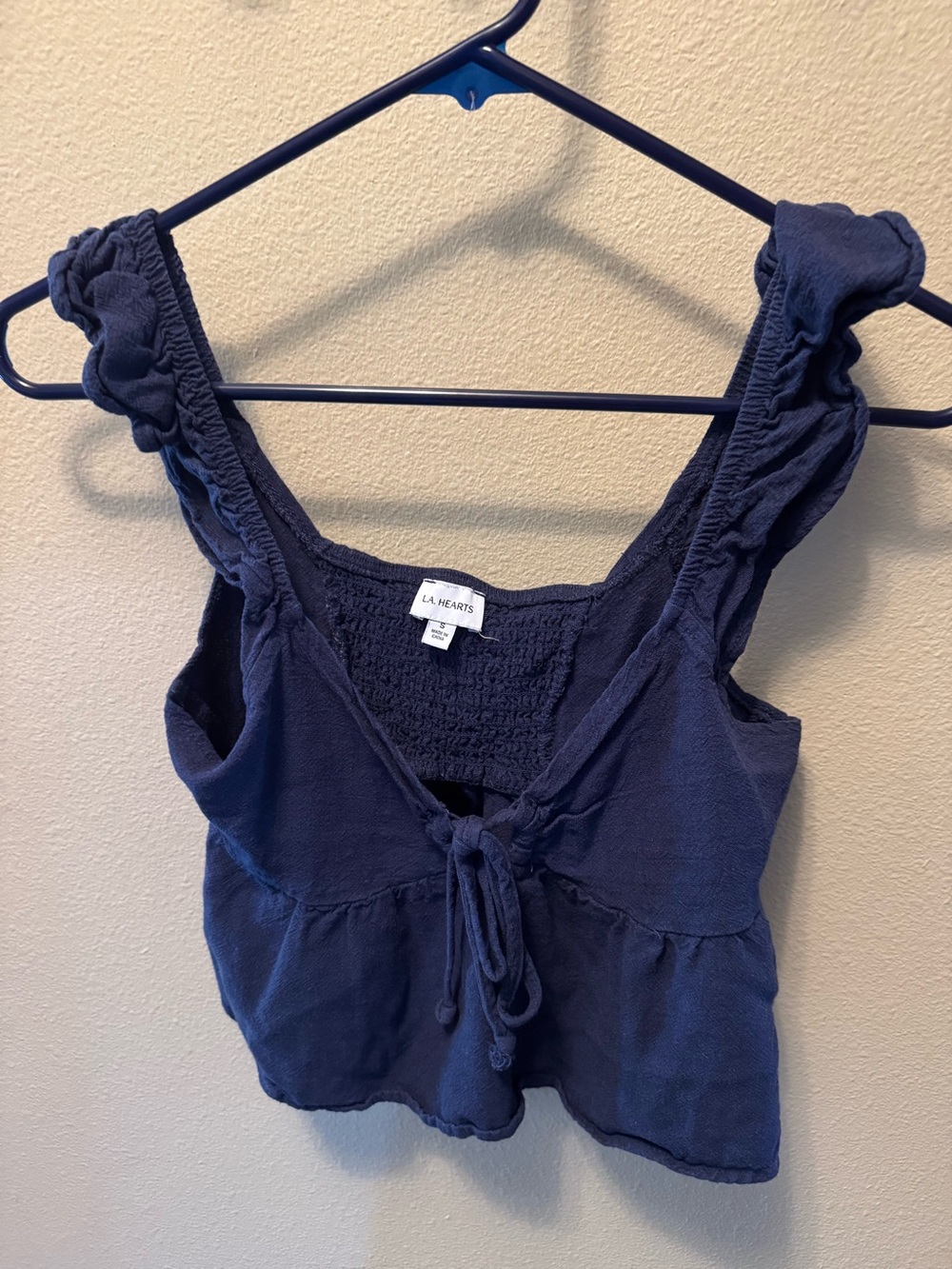 La Hearts Navy Ruffle Strap Tie-Front Camisole